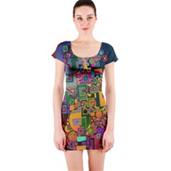 Modern Geometric Art   Dancing In The City Background Solid Dark Blue Short Sleeve Bodycon Dress by EDDArt