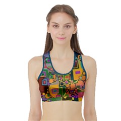 Modern Geometric Art   Dancing In The City Background Solid Dark Blue Sports Bra With Border