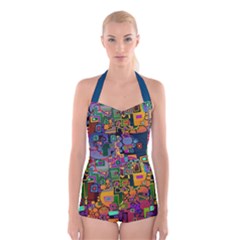 Modern Geometric Art   Dancing In The City Background Solid Dark Blue Boyleg Halter Swimsuit 