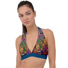 Modern Geometric Art   Dancing In The City Background Solid Dark Blue Halter Plunge Bikini Top