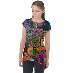 Modern Geometric Art   Dancing In The City Background Solid Dark Blue Cap Sleeve High Low Top by EDDArt