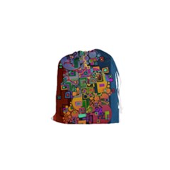 Modern Geometric Art   Dancing In The City Background Solid Dark Blue Drawstring Pouch (xs) by EDDArt