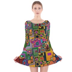 Modern Geometric Art   Dancing In The City Background Solid Dark Blue Long Sleeve Velvet Skater Dress by EDDArt