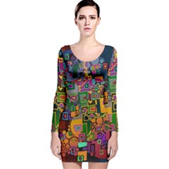 Modern Geometric Art   Dancing In The City Background Solid Dark Blue Long Sleeve Velvet Bodycon Dress by EDDArt