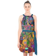 Modern Geometric Art   Dancing In The City Background Solid Dark Blue Halter Collar Waist Tie Chiffon Dress