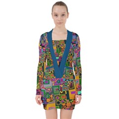 Modern Geometric Art   Dancing In The City Background Solid Dark Blue V-neck Bodycon Long Sleeve Dress