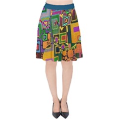 Modern Geometric Art   Dancing In The City Background Solid Dark Blue Velvet High Waist Skirt by EDDArt