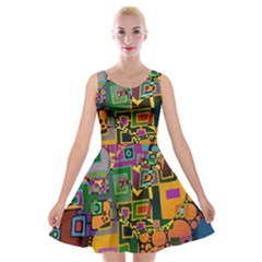 Modern Geometric Art   Dancing In The City Background Solid Dark Blue Velvet Skater Dress by EDDArt