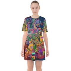 Modern Geometric Art   Dancing In The City Background Solid Dark Blue Sixties Short Sleeve Mini Dress by EDDArt