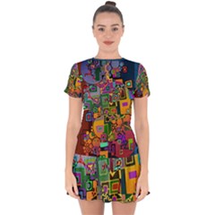 Modern Geometric Art   Dancing In The City Background Solid Dark Blue Drop Hem Mini Chiffon Dress by EDDArt