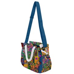 Modern Geometric Art   Dancing In The City Background Solid Dark Blue Rope Handles Shoulder Strap Bag