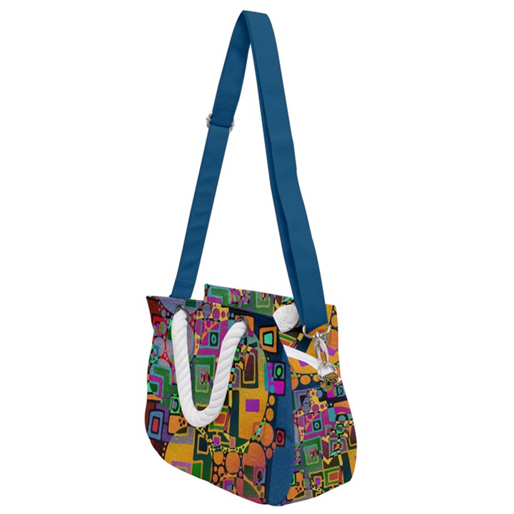 Modern Geometric Art   Dancing In The City Background Solid Dark Blue Rope Handles Shoulder Strap Bag