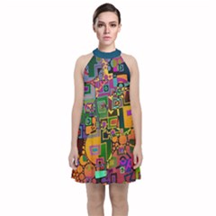 Modern Geometric Art   Dancing In The City Background Solid Dark Blue Velvet Halter Neckline Dress 