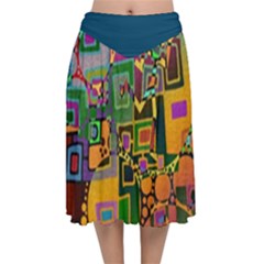 Modern Geometric Art   Dancing In The City Background Solid Dark Blue Velvet Flared Midi Skirt