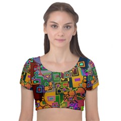 Modern Geometric Art   Dancing In The City Background Solid Dark Blue Velvet Short Sleeve Crop Top  by EDDArt