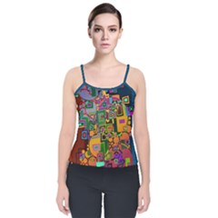 Modern Geometric Art   Dancing In The City Background Solid Dark Blue Velvet Spaghetti Strap Top by EDDArt