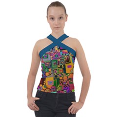 Modern Geometric Art   Dancing In The City Background Solid Dark Blue Cross Neck Velour Top by EDDArt