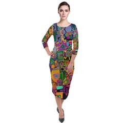 Modern Geometric Art   Dancing In The City Background Solid Dark Blue Quarter Sleeve Midi Velour Bodycon Dress by EDDArt