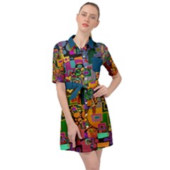 Modern Geometric Art   Dancing In The City Background Solid Dark Blue Belted Shirt Dress