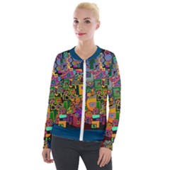 Modern Geometric Art   Dancing In The City Background Solid Dark Blue Velour Zip Up Jacket by EDDArt