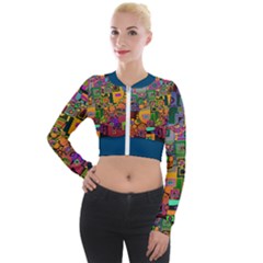 Modern Geometric Art   Dancing In The City Background Solid Dark Blue Long Sleeve Cropped Velvet Jacket