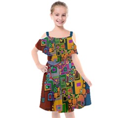 Modern Geometric Art   Dancing In The City Background Solid Dark Blue Kids  Cut Out Shoulders Chiffon Dress by EDDArt