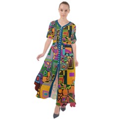 Modern Geometric Art   Dancing In The City Background Solid Dark Blue Waist Tie Boho Maxi Dress