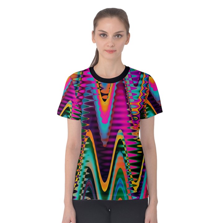 Multicolored Wave Distortion Zigzag Chevrons 2 Background Color Solid Black Women s Cotton Tee