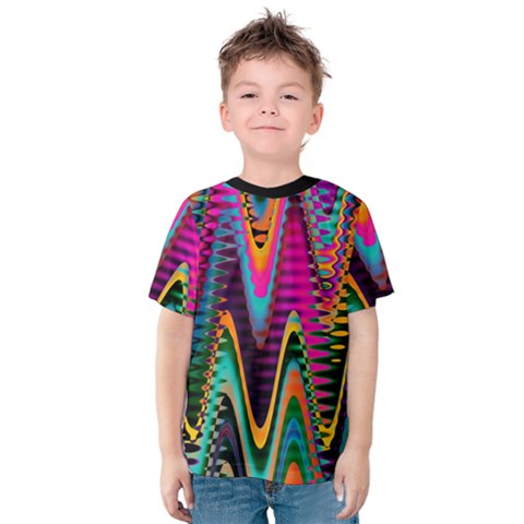 Multicolored Wave Distortion Zigzag Chevrons 2 Background Color Solid Black Kids  Cotton Tee by EDDArt