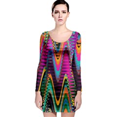 Multicolored Wave Distortion Zigzag Chevrons 2 Background Color Solid Black Long Sleeve Bodycon Dress by EDDArt