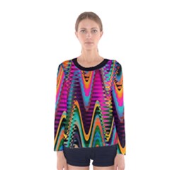 Multicolored Wave Distortion Zigzag Chevrons 2 Background Color Solid Black Women s Long Sleeve Tee