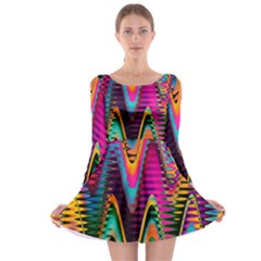 Multicolored Wave Distortion Zigzag Chevrons 2 Background Color Solid Black Long Sleeve Skater Dress by EDDArt