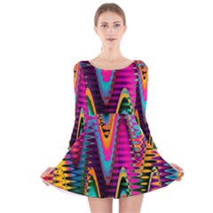 Multicolored Wave Distortion Zigzag Chevrons 2 Background Color Solid Black Long Sleeve Velvet Skater Dress