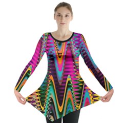 Multicolored Wave Distortion Zigzag Chevrons 2 Background Color Solid Black Long Sleeve Tunic  by EDDArt