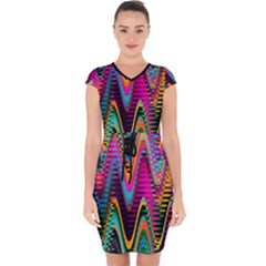 Multicolored Wave Distortion Zigzag Chevrons 2 Background Color Solid Black Capsleeve Drawstring Dress  by EDDArt