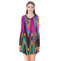 Multicolored Wave Distortion Zigzag Chevrons 2 Background Color Solid Black Long Sleeve V-neck Flare Dress by EDDArt