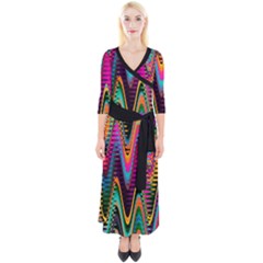 Multicolored Wave Distortion Zigzag Chevrons 2 Background Color Solid Black Quarter Sleeve Wrap Maxi Dress by EDDArt