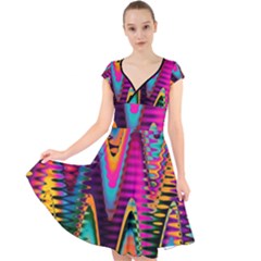 Multicolored Wave Distortion Zigzag Chevrons 2 Background Color Solid Black Cap Sleeve Front Wrap Midi Dress by EDDArt