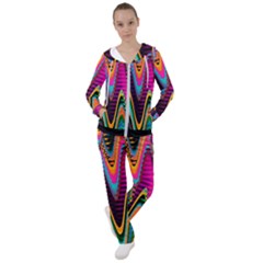 Multicolored Wave Distortion Zigzag Chevrons 2 Background Color Solid Black Women s Tracksuit by EDDArt