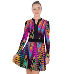 Multicolored Wave Distortion Zigzag Chevrons 2 Background Color Solid Black Long Sleeve Panel Dress by EDDArt