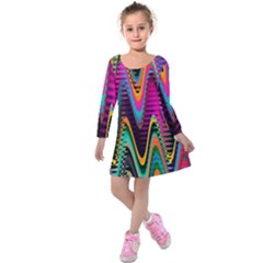 Multicolored Wave Distortion Zigzag Chevrons 2 Background Color Solid Black Kids  Long Sleeve Velvet Dress