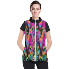 Multicolored Wave Distortion Zigzag Chevrons 2 Background Color Solid Black Women s Puffer Vest