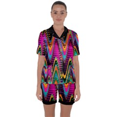 Multicolored Wave Distortion Zigzag Chevrons 2 Background Color Solid Black Satin Short Sleeve Pyjamas Set by EDDArt