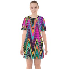 Multicolored Wave Distortion Zigzag Chevrons 2 Background Color Solid Black Sixties Short Sleeve Mini Dress by EDDArt