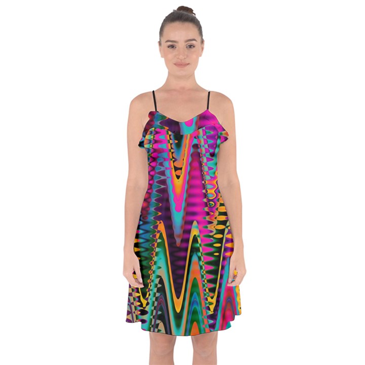 Multicolored Wave Distortion Zigzag Chevrons 2 Background Color Solid Black Ruffle Detail Chiffon Dress