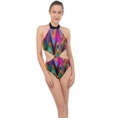 Multicolored Wave Distortion Zigzag Chevrons 2 Background Color Solid Black Halter Side Cut Swimsuit by EDDArt