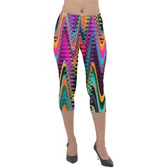 Multicolored Wave Distortion Zigzag Chevrons 2 Background Color Solid Black Lightweight Velour Capri Leggings  by EDDArt