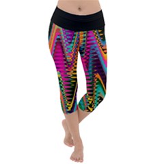 Multicolored Wave Distortion Zigzag Chevrons 2 Background Color Solid Black Lightweight Velour Capri Yoga Leggings by EDDArt