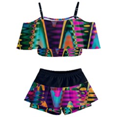 Multicolored Wave Distortion Zigzag Chevrons 2 Background Color Solid Black Kids  Off Shoulder Skirt Bikini by EDDArt