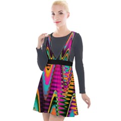 Multicolored Wave Distortion Zigzag Chevrons 2 Background Color Solid Black Plunge Pinafore Velour Dress by EDDArt